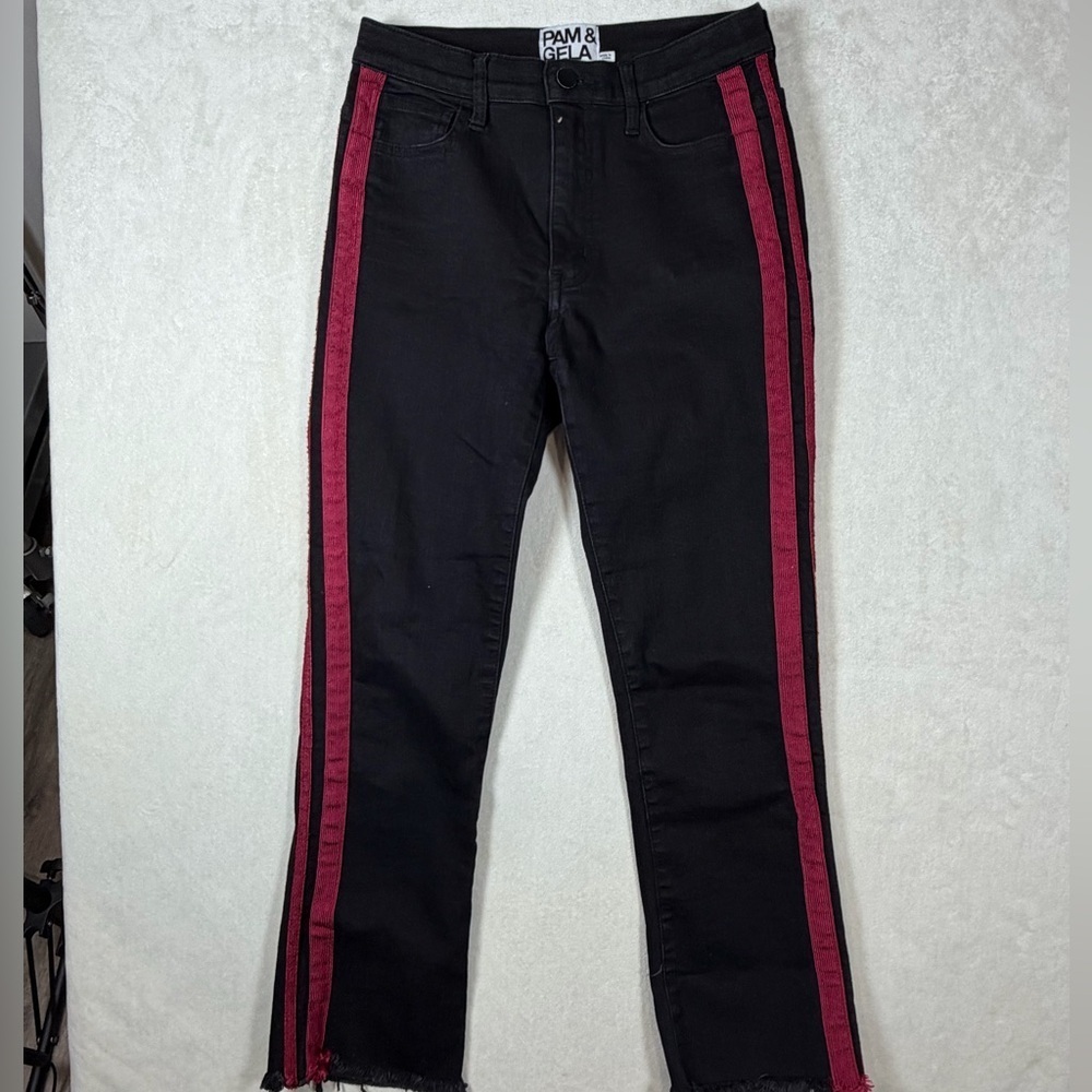 Pam & Gela Size 26 Trust Black Denim Pants with Side Ribbon Detail Designer